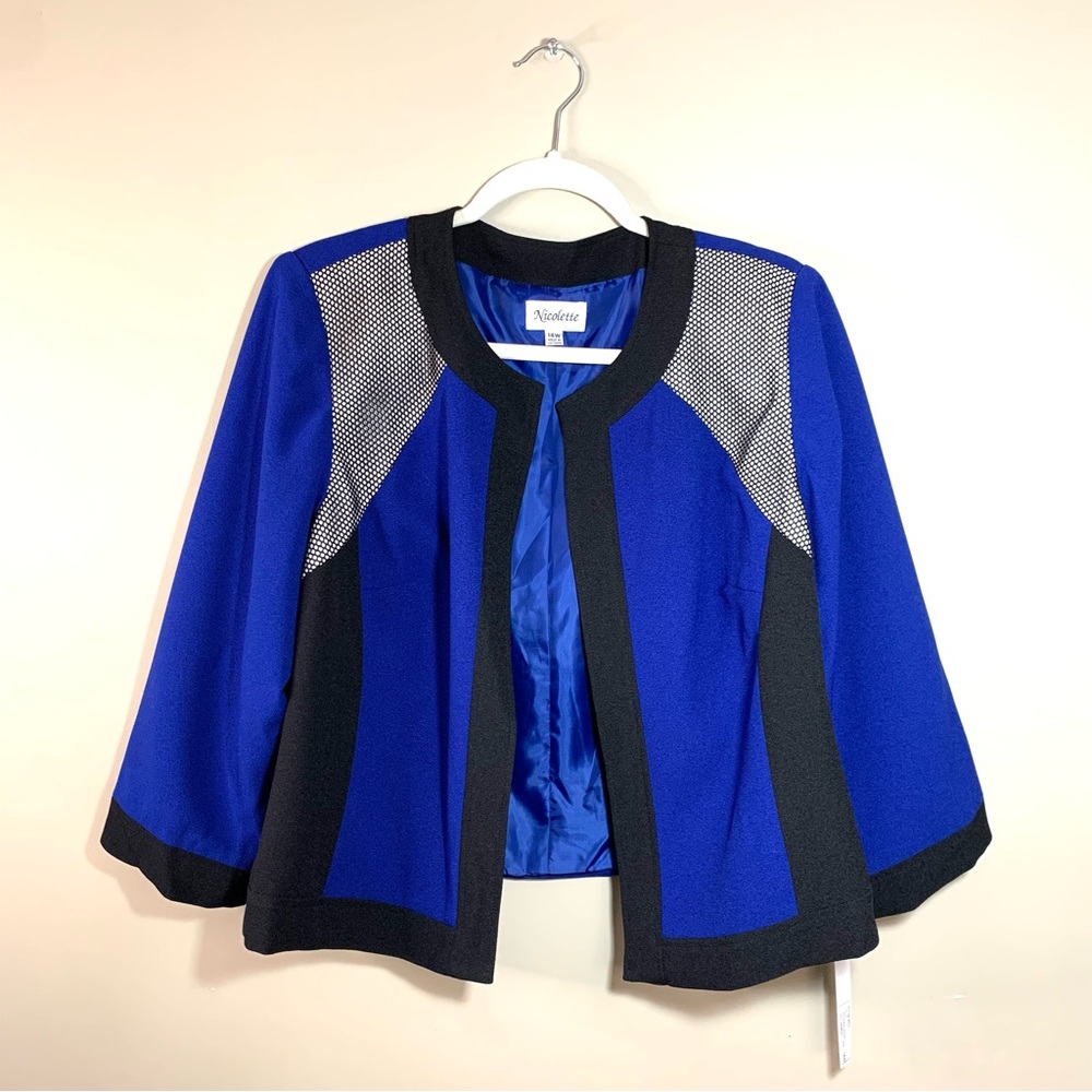 Women’s Short Open Front Blazer Blue Black Color Block Chic Elegant Casual